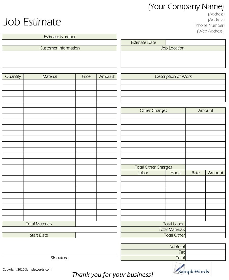 free printable estimate templates