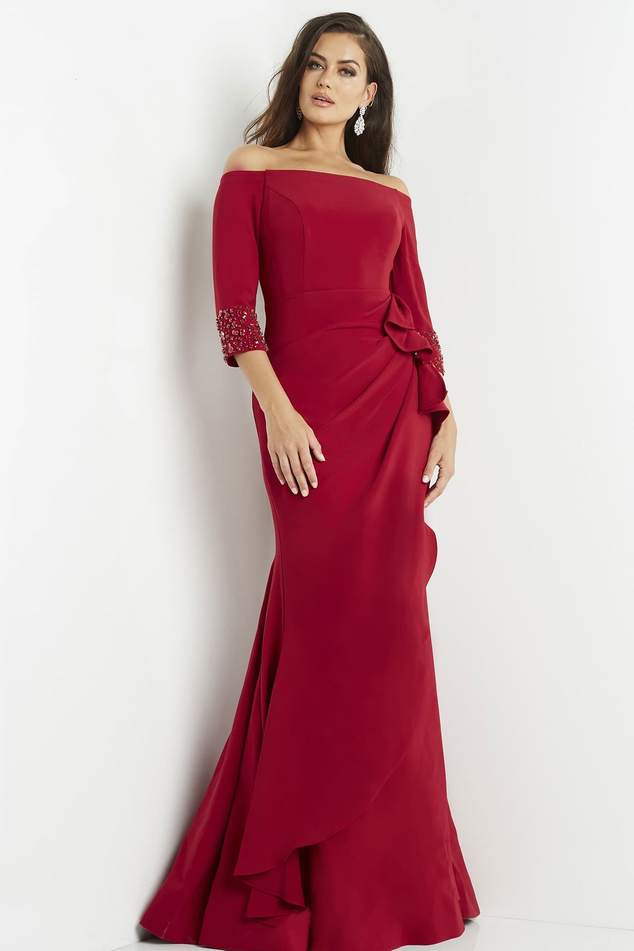 Jovani 08699 Cranberry Off The Shoulder Dress Jovani