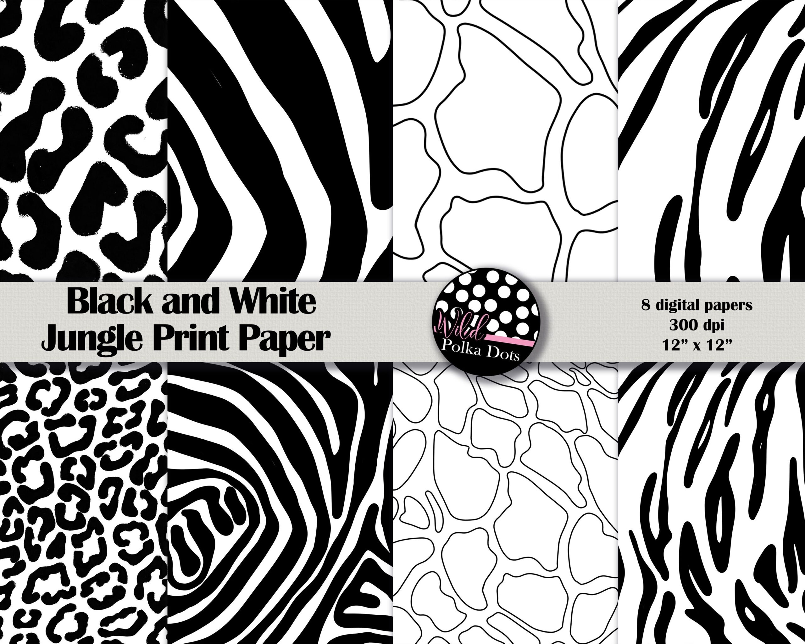 Jungle Print Black And White Digital Paper Pack Safari Leopard Tiger Zebra Giraffe Instant Download Printable Scrapbook Papers Etsy