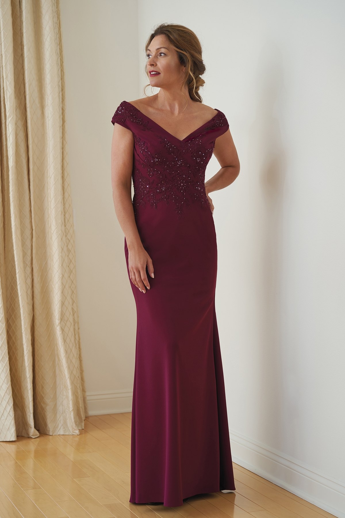 K218005 Stretch Crepe U0026 Lace MOB Dress With Portrait V Neckline