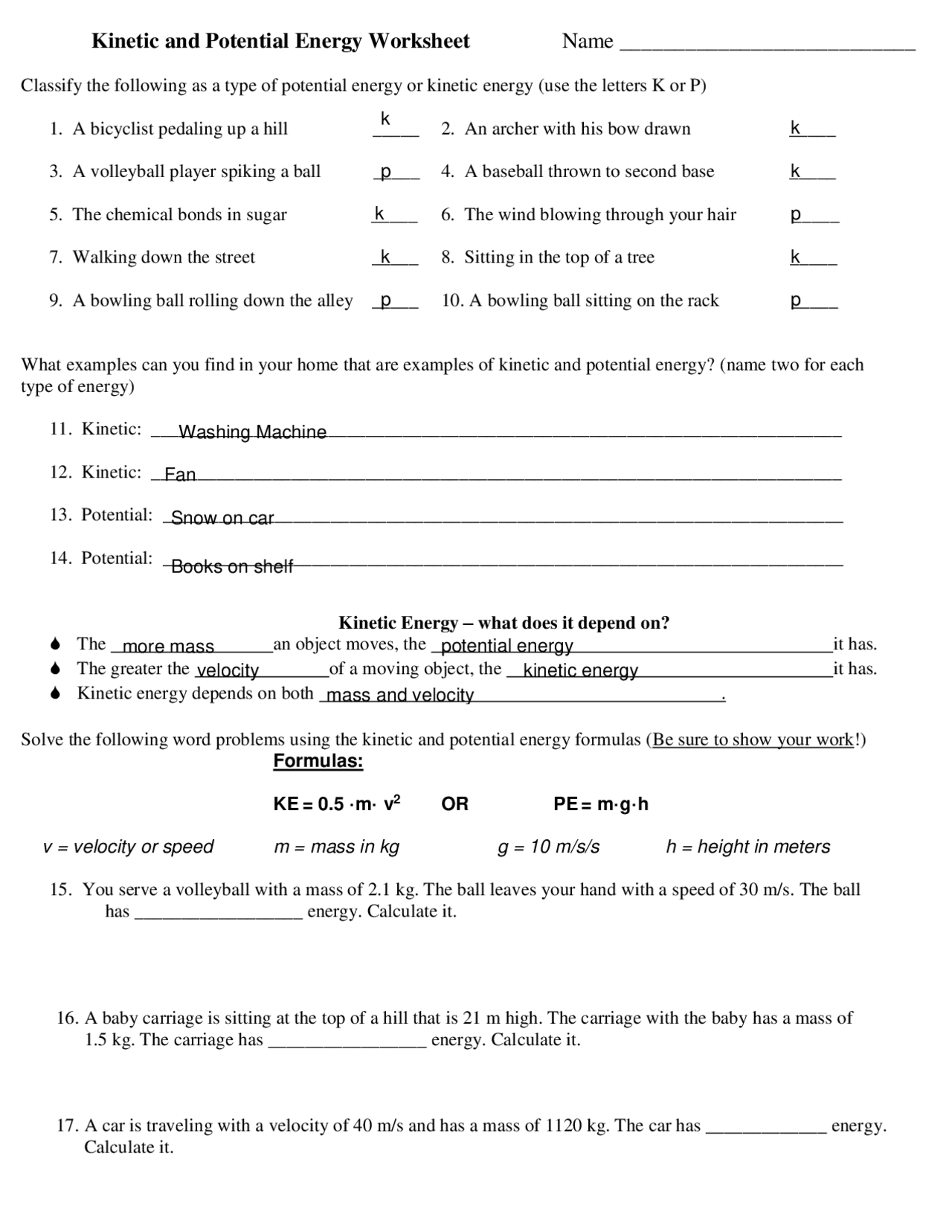 Kinetic And Potential Energy Worksheet pdf Assignments Computer Worksheets Library
