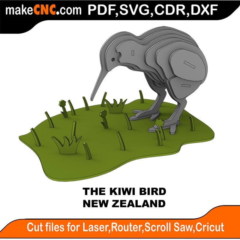 Kiwi Bird New Zealand 3D Puzzle Laser Cut Scroll Saw CNC Router Template Pattern DXF CDR SVG LaserscrollSVG