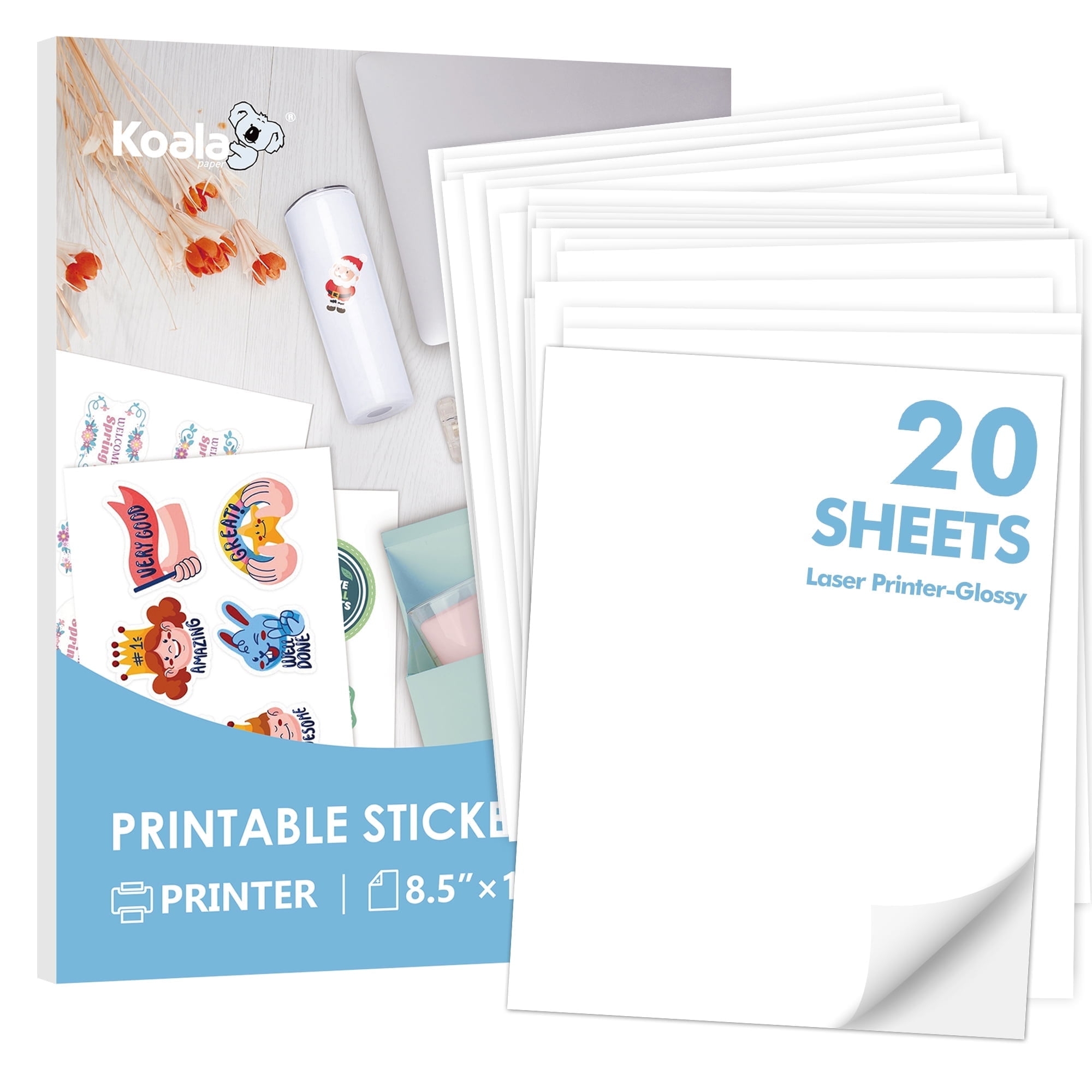 KOALA PAPER Printable Vinyl Sticker Paper For Laser Printers Waterproof White 60 Sheets