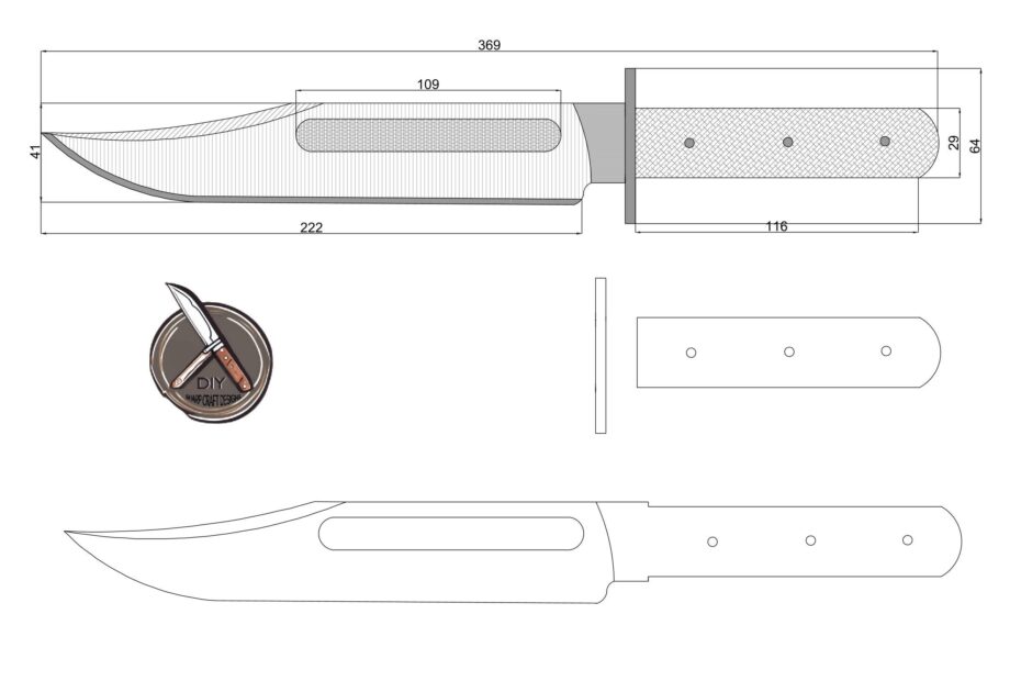 Large Bowie Knife Design Blueprint High Quality Pdf DWG And DXF Files DIY Custom Knife Plans For Makers