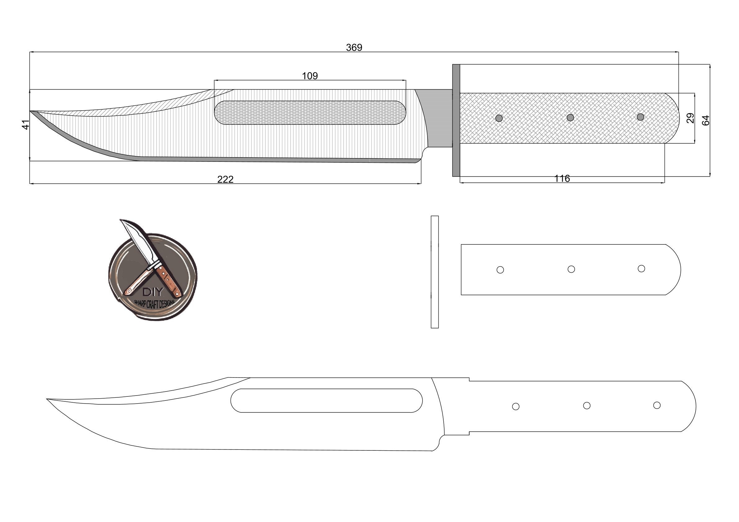 Large Bowie Knife Design Blueprint High Quality Pdf DWG And DXF Files DIY Custom Knife Plans For Makers
