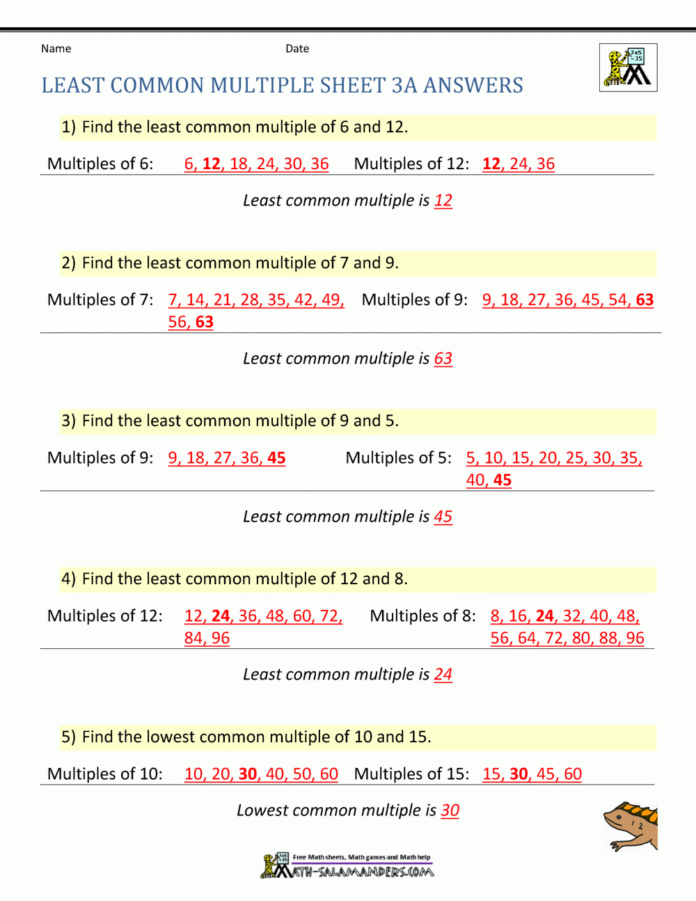 lowest common multiple worksheet