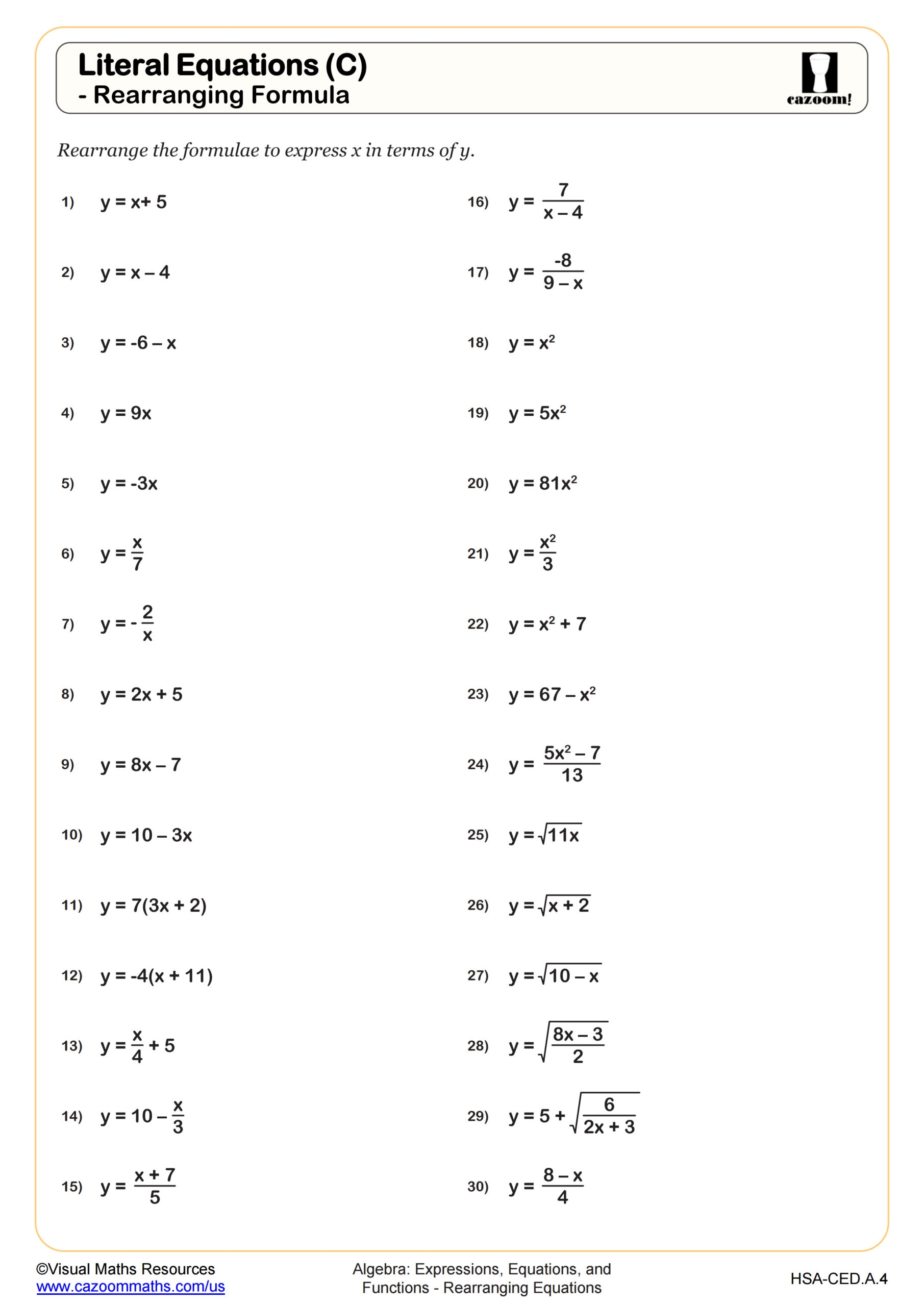Literal Equations C Rearranging Formula Worksheet Fun And Engaging Algebra I PDF Worksheets