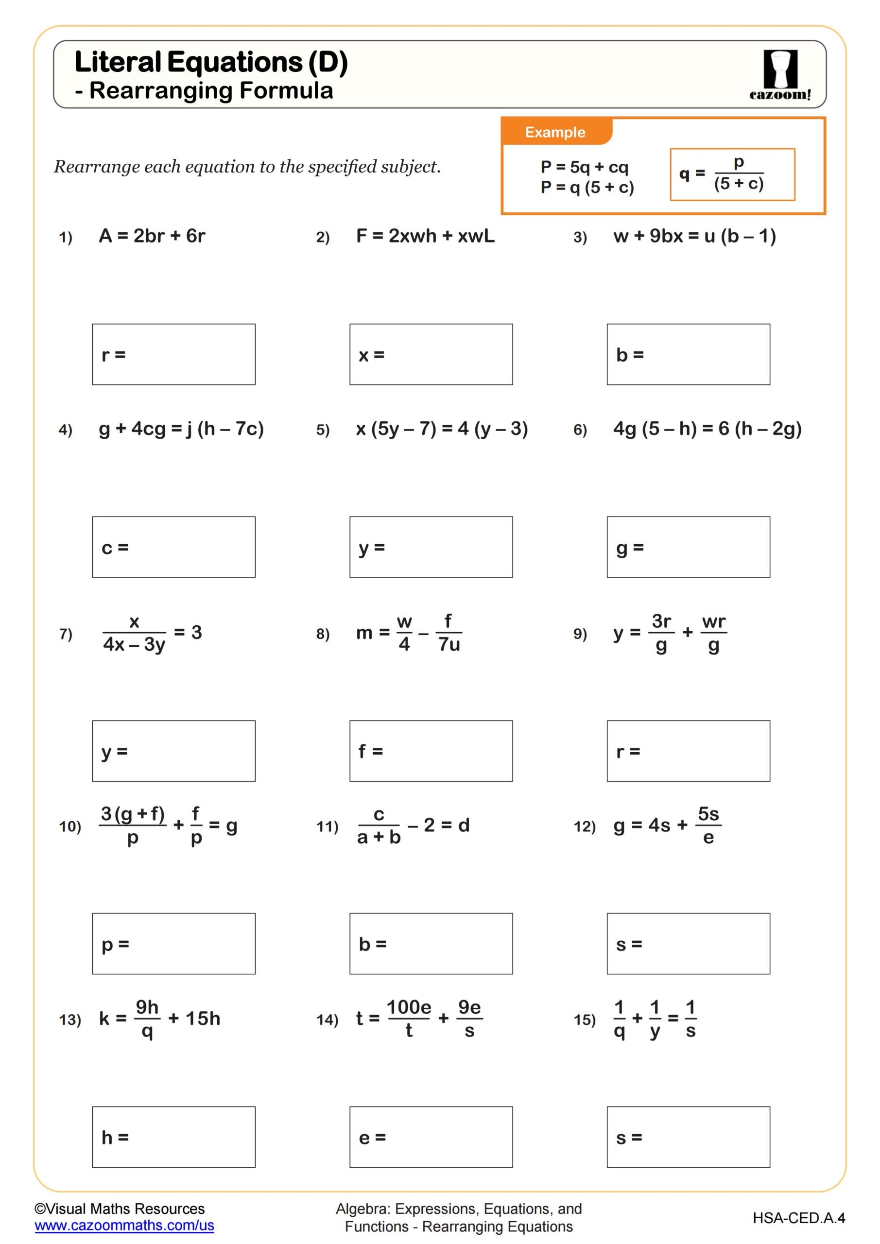 Literal Equations D Rearranging Formula Worksheet Algebra I PDF Worksheets