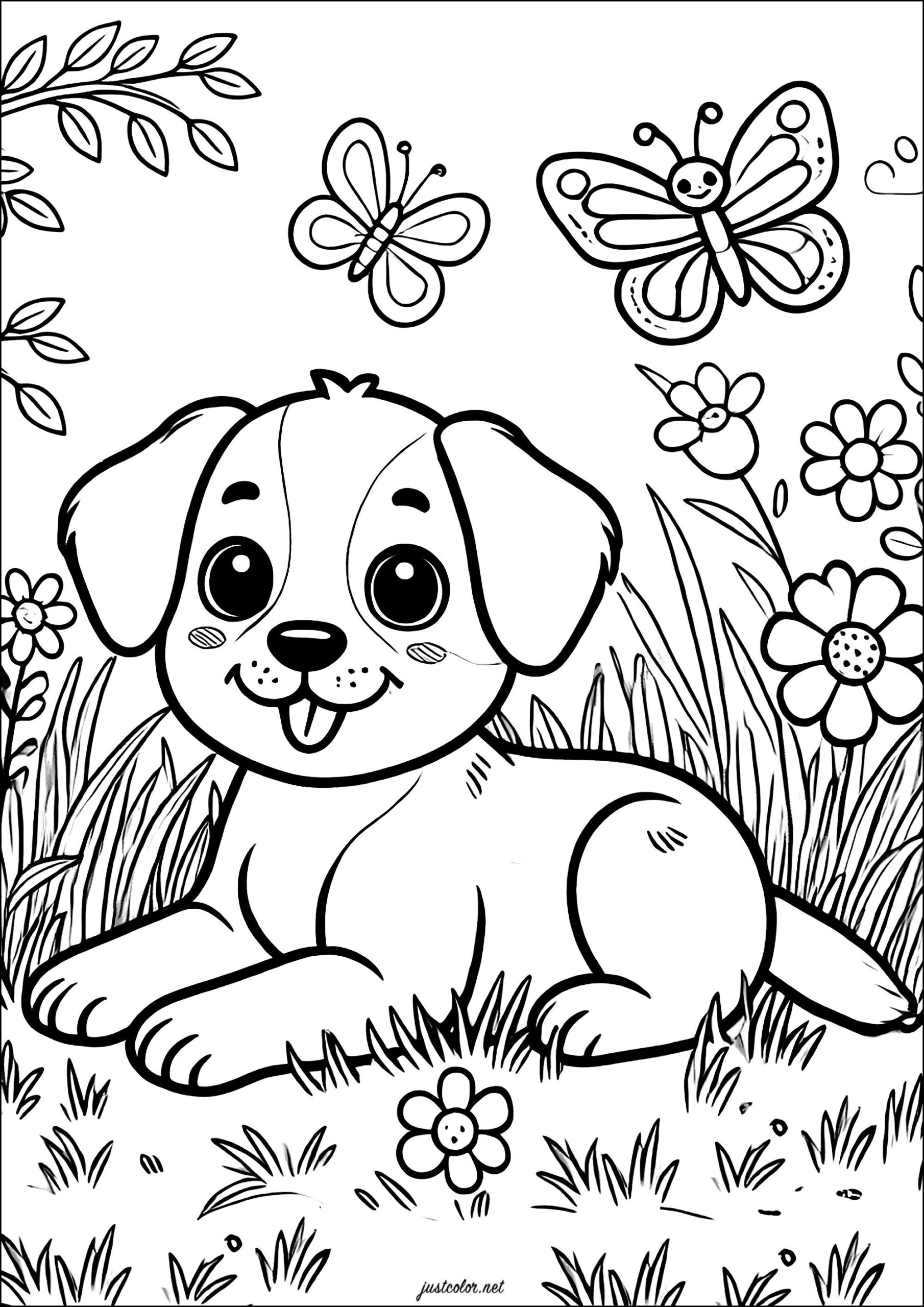 Little Puppy With Two Butterflies Dog Coloring Pages For Kids