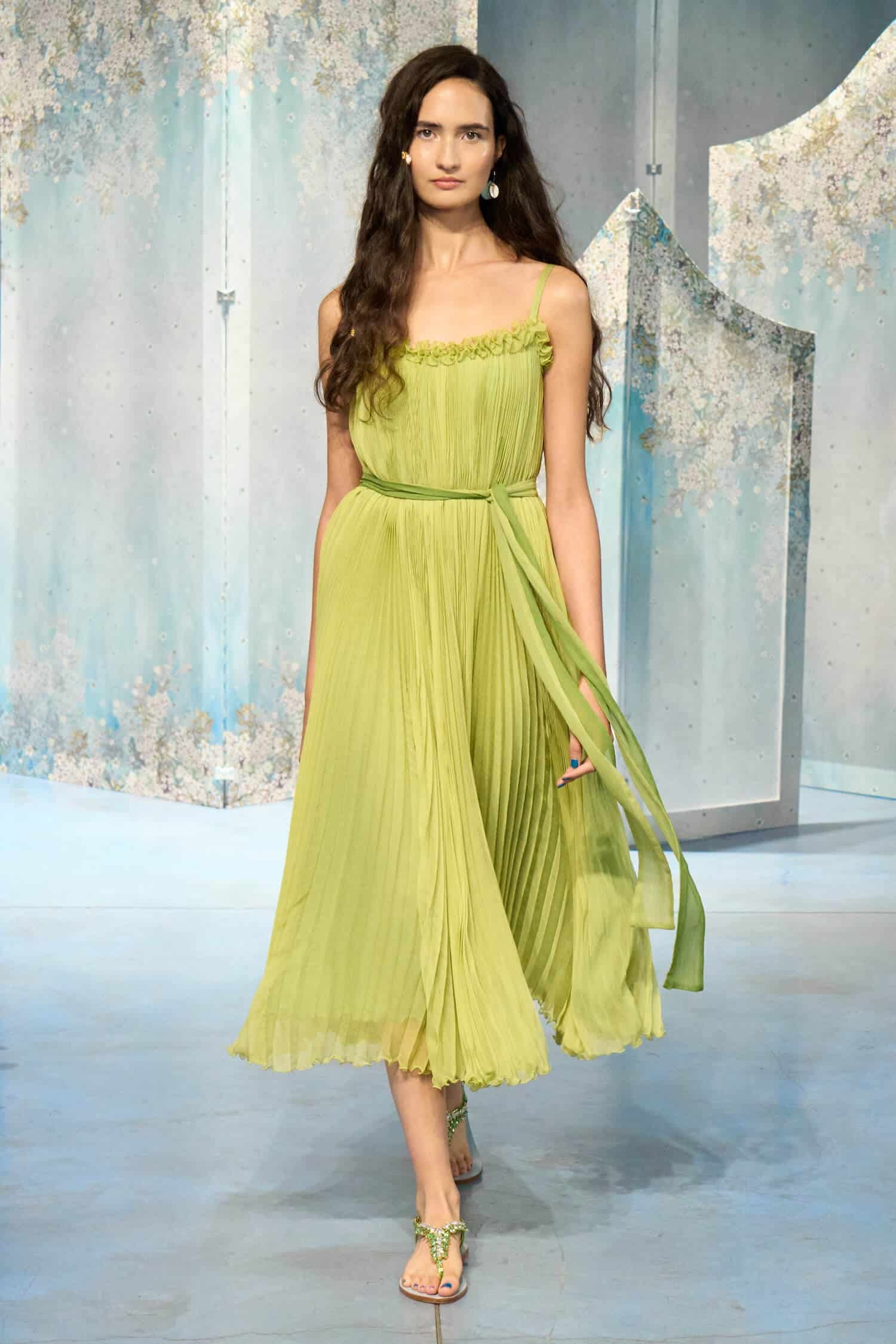 Luisa Beccaria Lime Green Pleated Dress With Sash