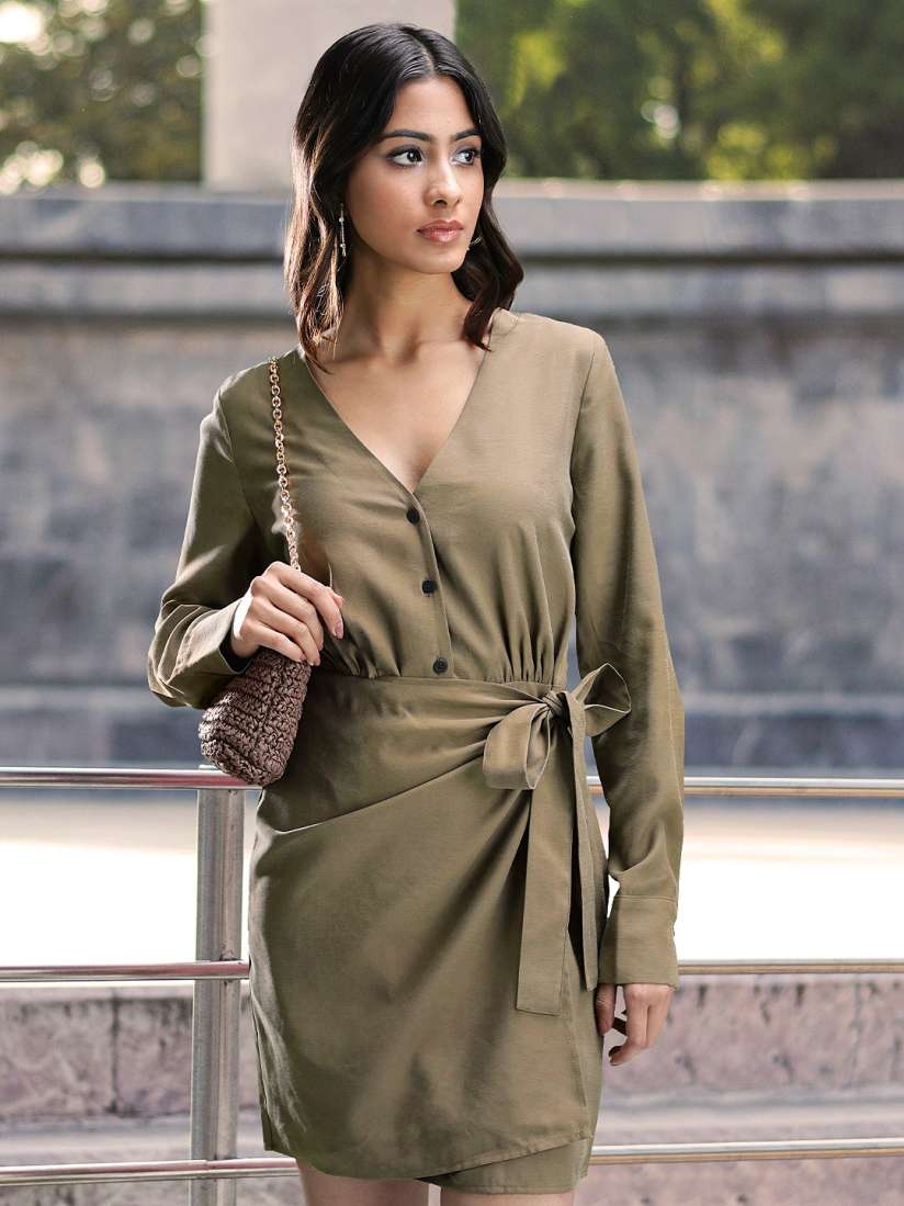 MANGO Women Olive Green Sustainable Wrap Dress