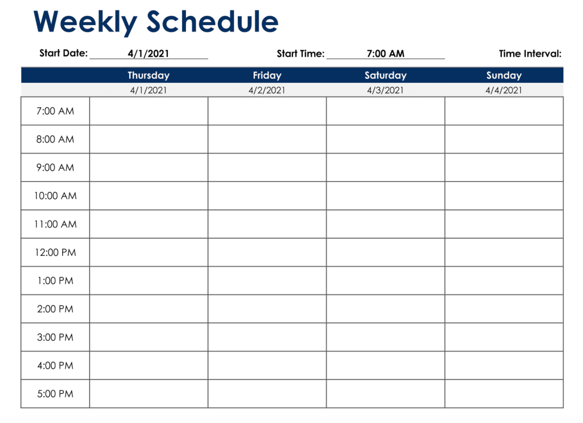 one week work schedule template