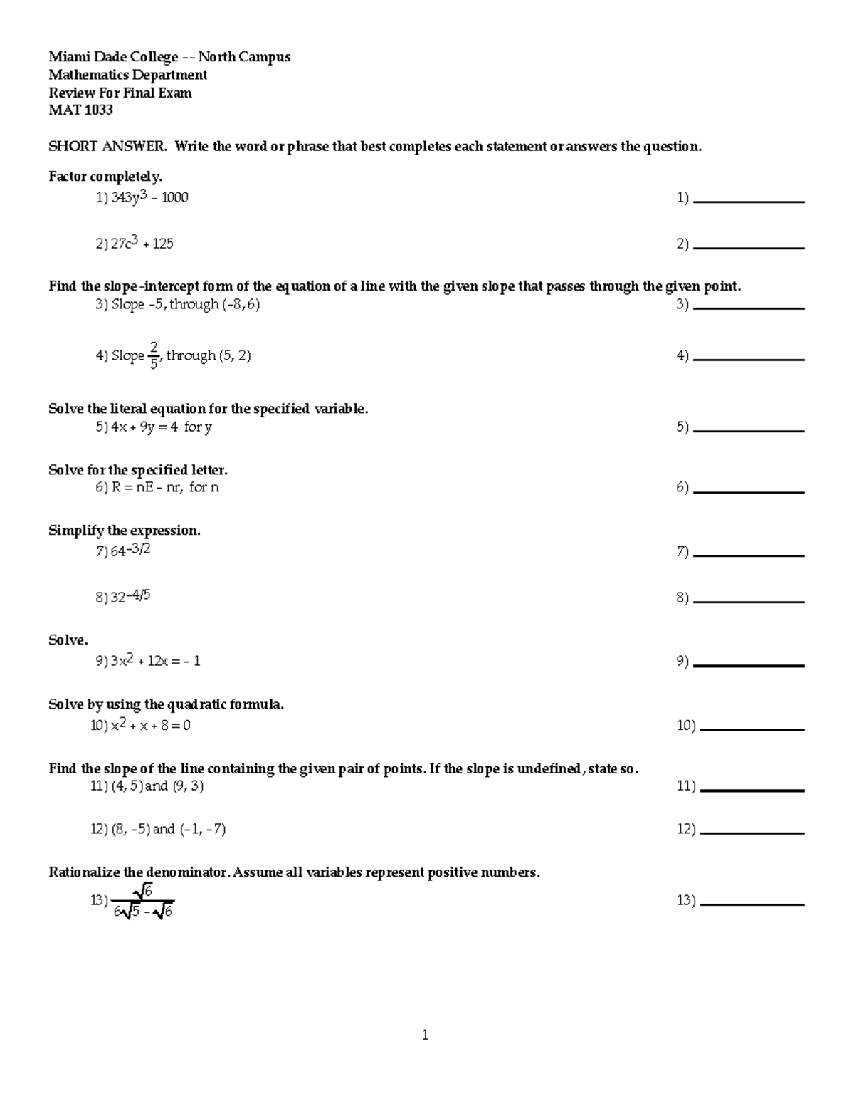 MAT 1033 Review Quiz 4 Answers Quiz 4 REVIEW Solve The Equation 2 15tu003d 56 T2 15Tu003d 56 0 15 Studocu