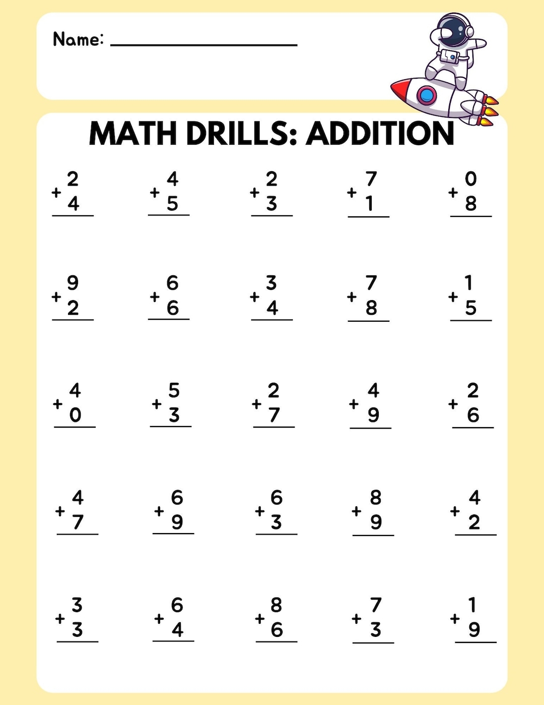 Math Drill Addition Worksheet 1 Etsy