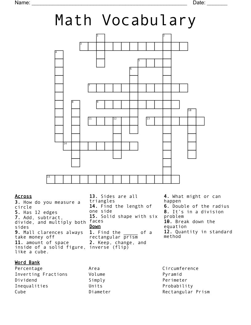 Math Vocabulary Crossword WordMint