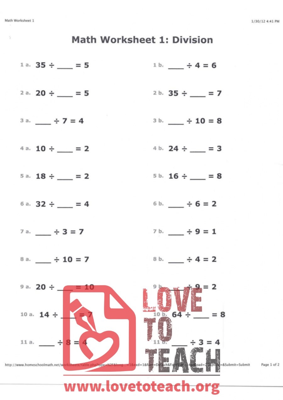 Math Worksheet 1 Division with Answer Key LoveToTeach