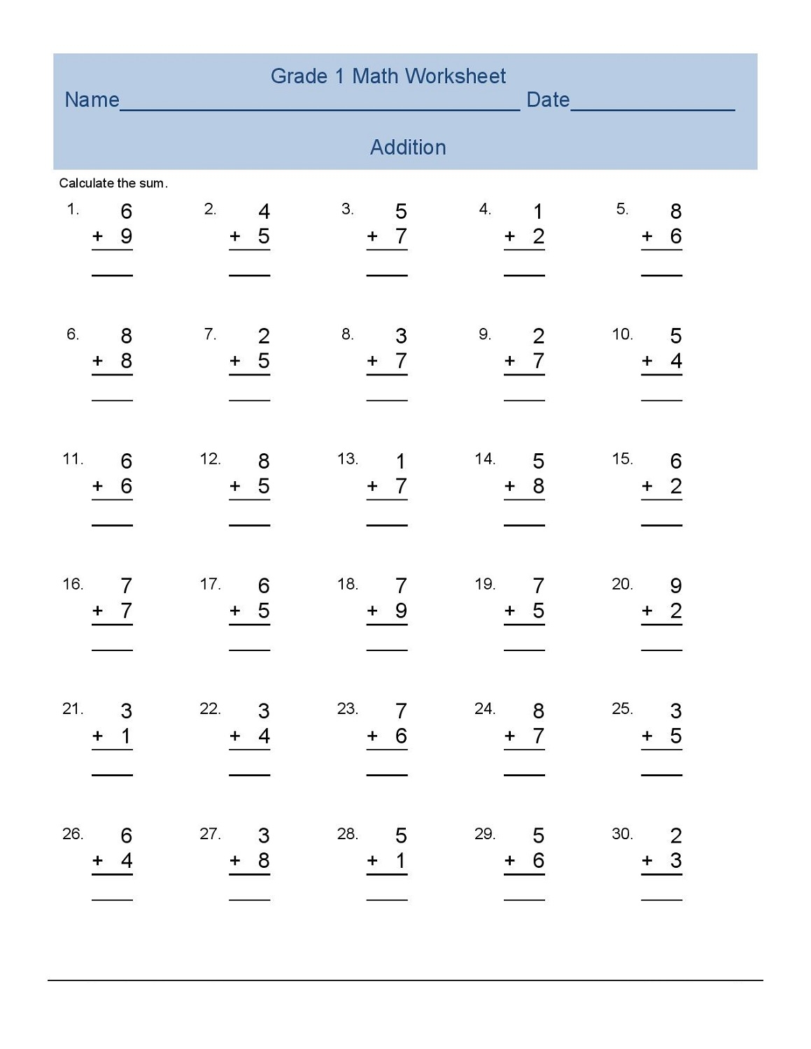 free math worksheets for 1st graders