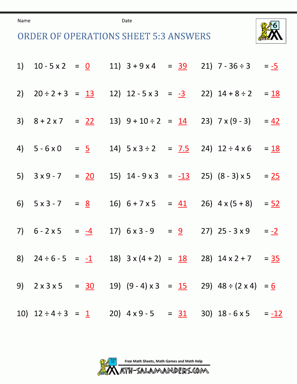 Math Worksheets Order Of Operations Or PEMDAS Worksheets Library