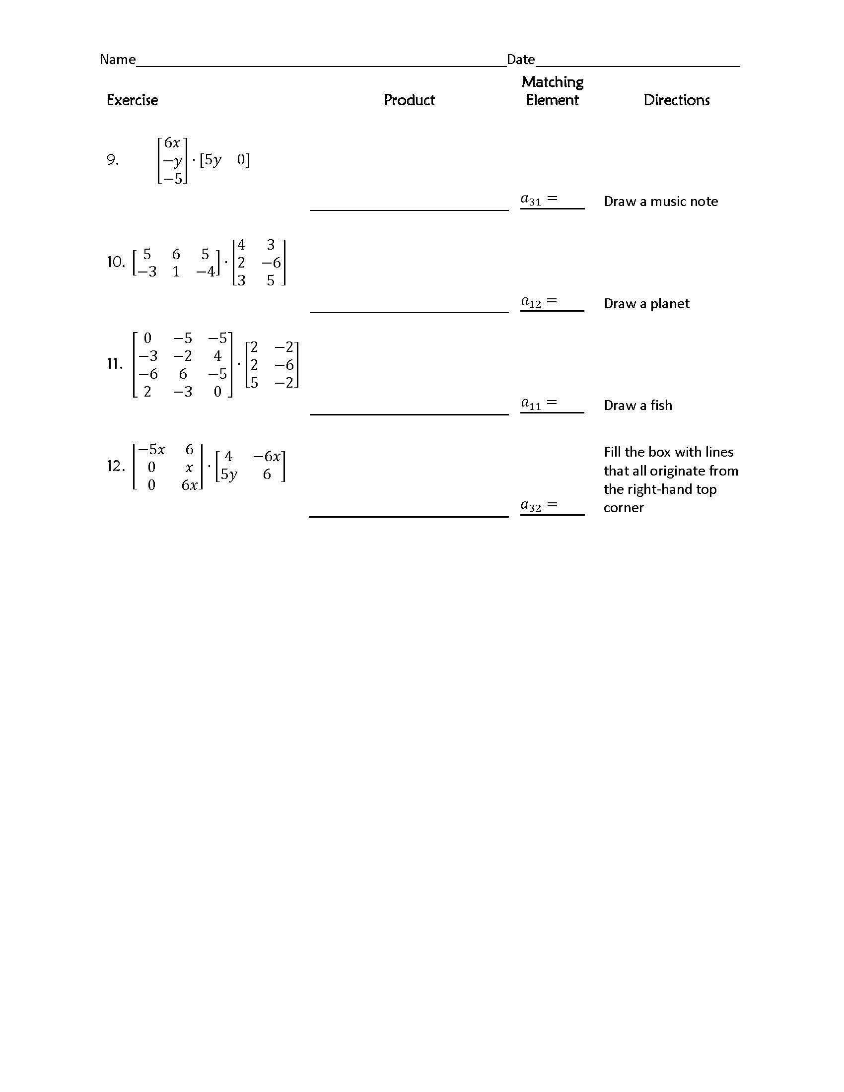 matrix math worksheet