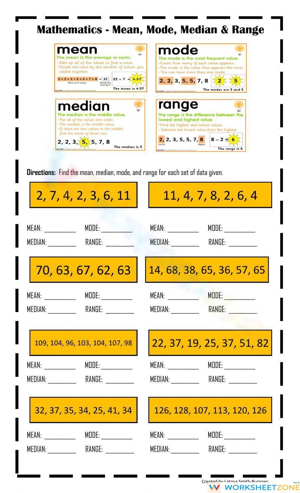 mode median and range worksheets