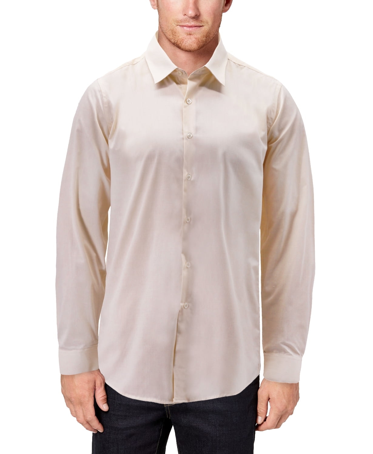 Men s Classic Button Up Long Sleeve Solid Cream Color Slim Fit Dress Shirt 2XL Cream 
