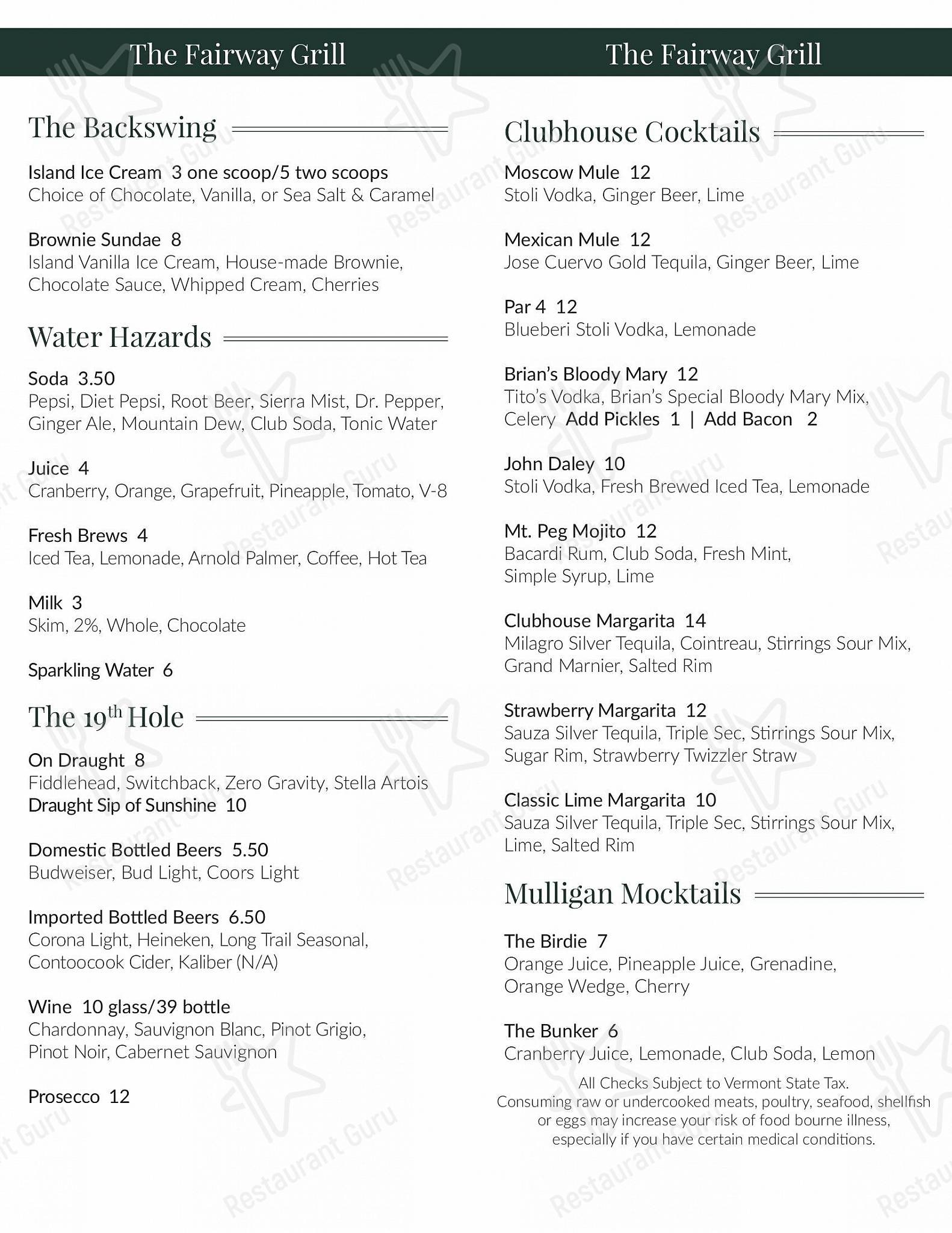 Menu At The Fairway Grill Restaurant Woodstock