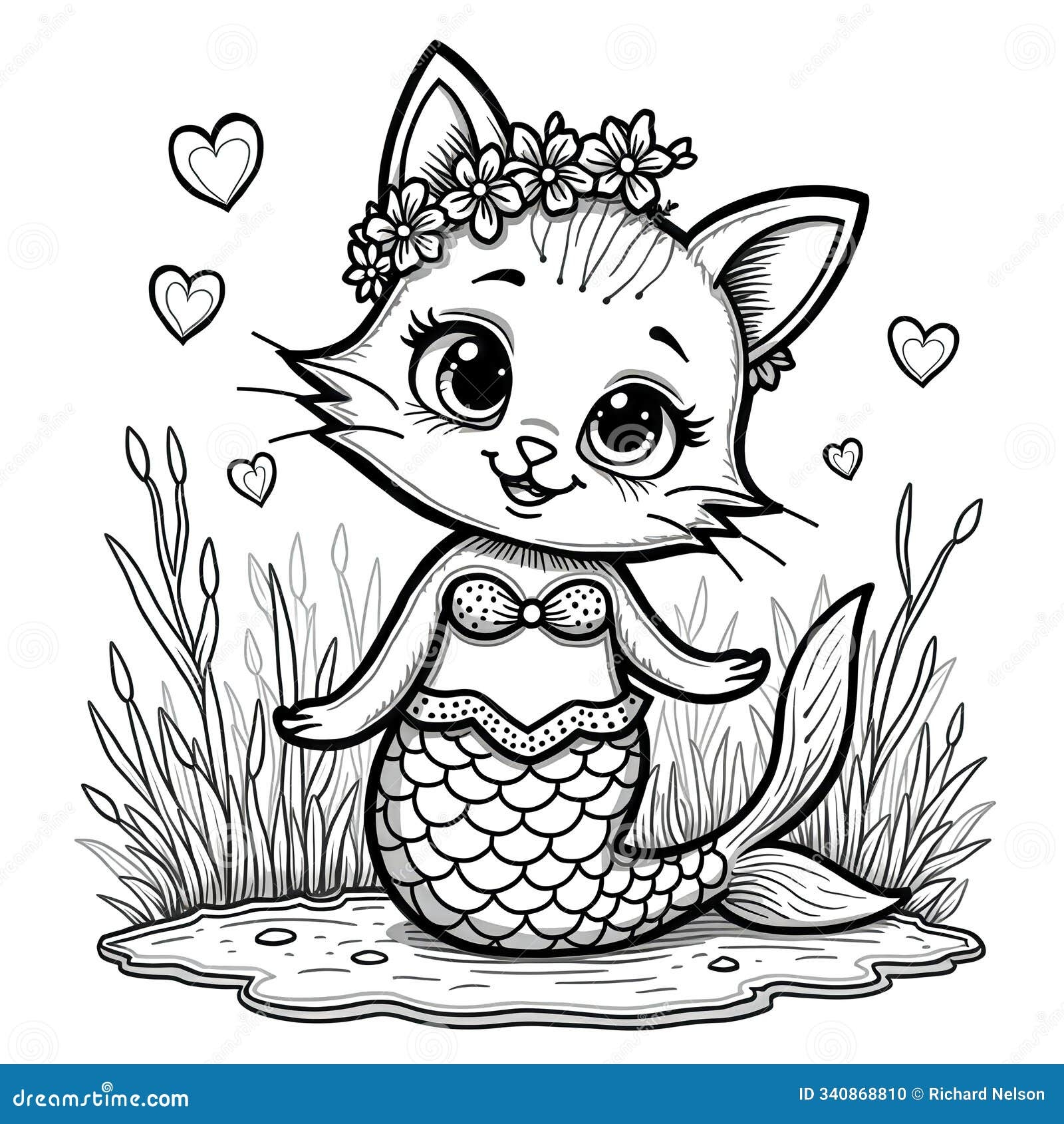 Mermaid Cat Coloring Page Stock Illustration Illustration Of Flowers 340868810