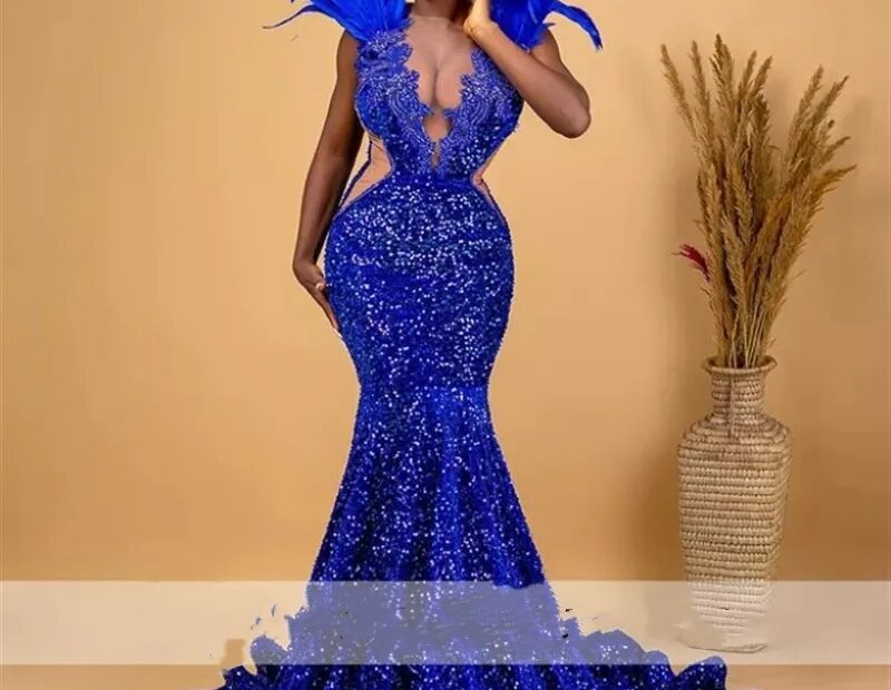 Mermaid Style Prom Gowns Royal Blue Sequin U0026 Feathered Evening Dress Sheer Neck Plus Size Formal Gown Prom Dresses