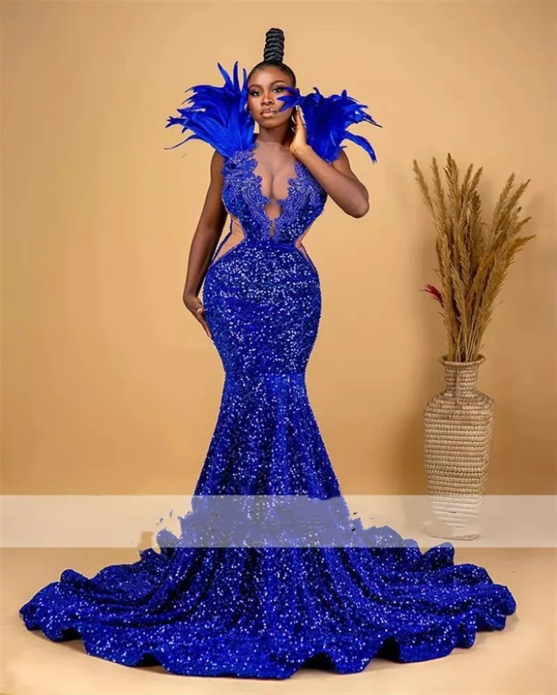 Mermaid Style Prom Gowns Royal Blue Sequin U0026 Feathered Evening Dress Sheer Neck Plus Size Formal Gown Prom Dresses