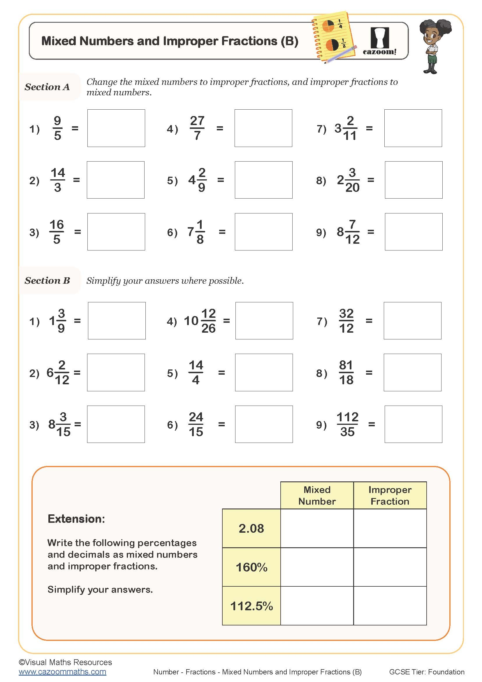mixed numbers to improper fractions worksheet