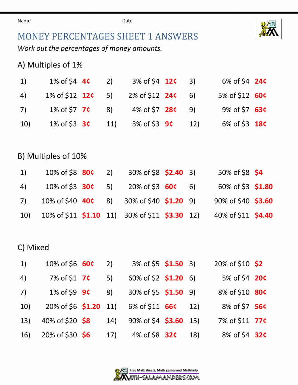percentage worksheet