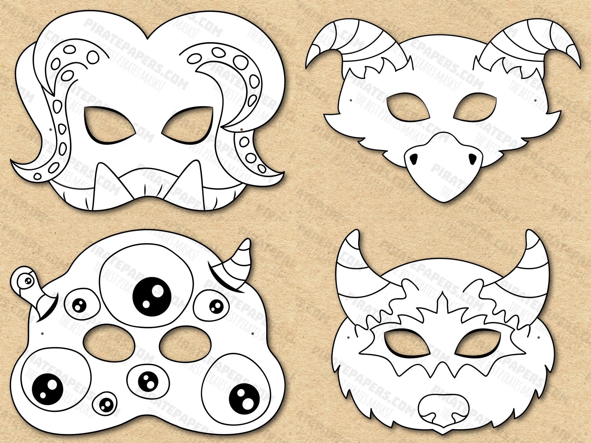 Monster Masks Printable Coloring Paper DIY For Kids And Adults PDF Template Instant Download Halloween Birthdays Costumes Etsy