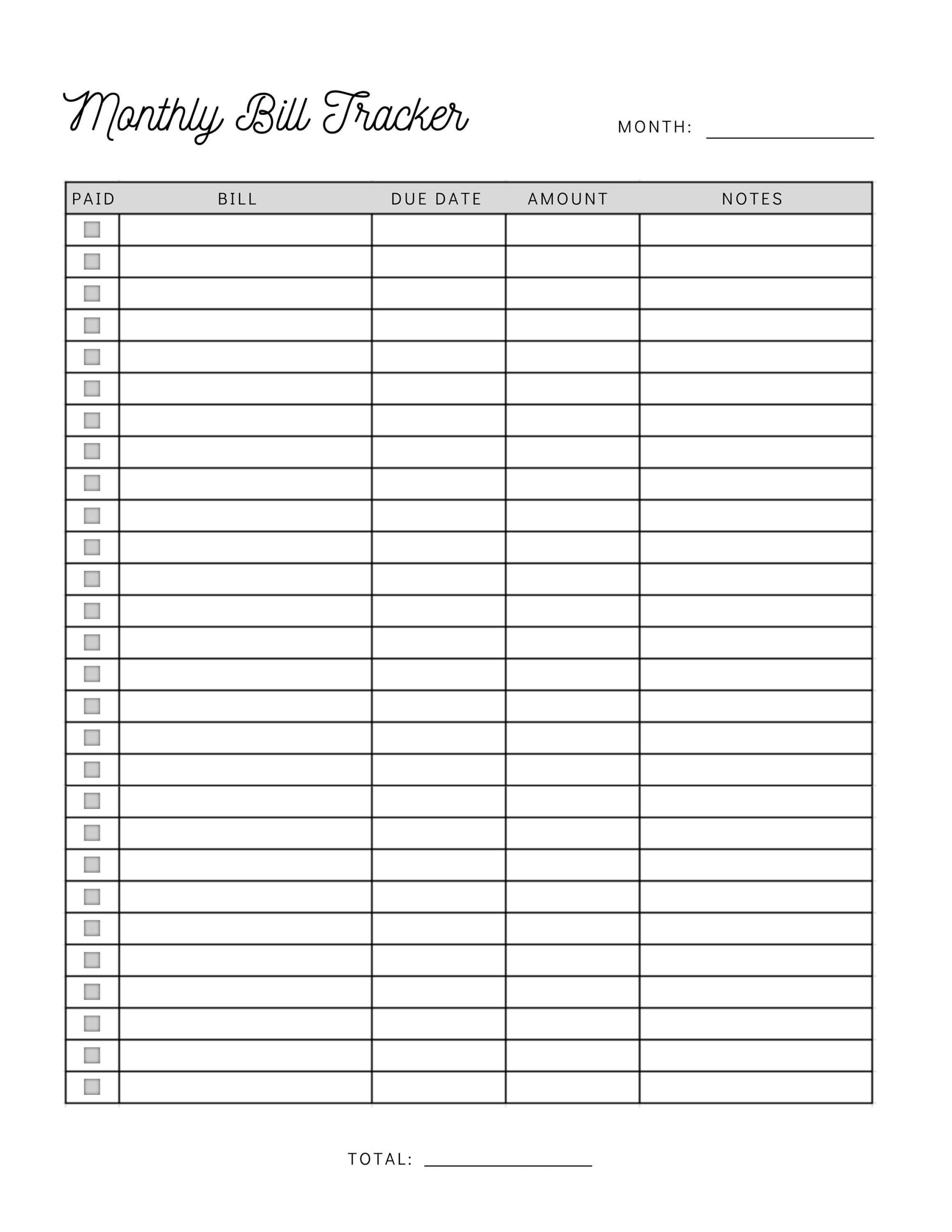 bill tracker free printable