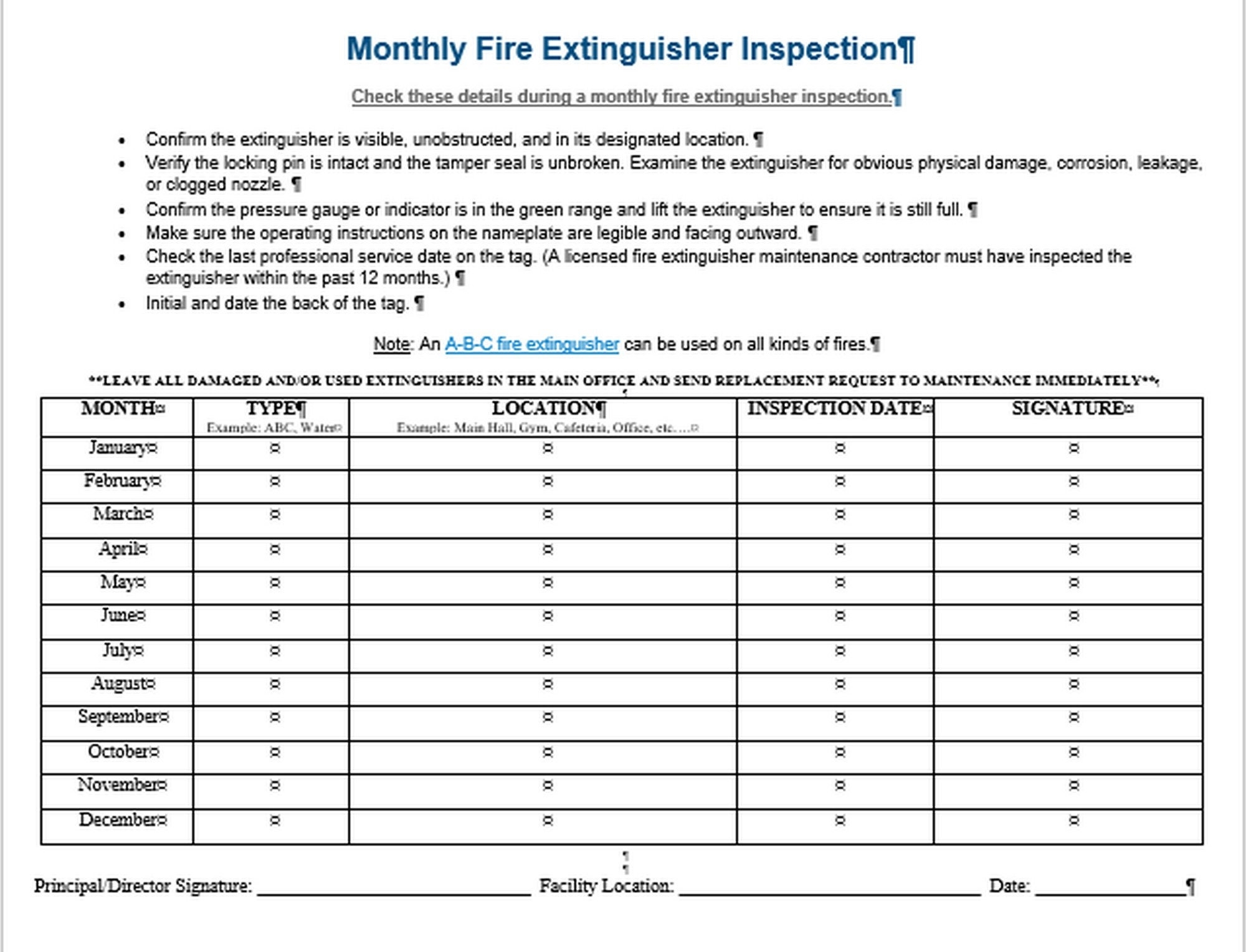 printable fire inspection checklist template
