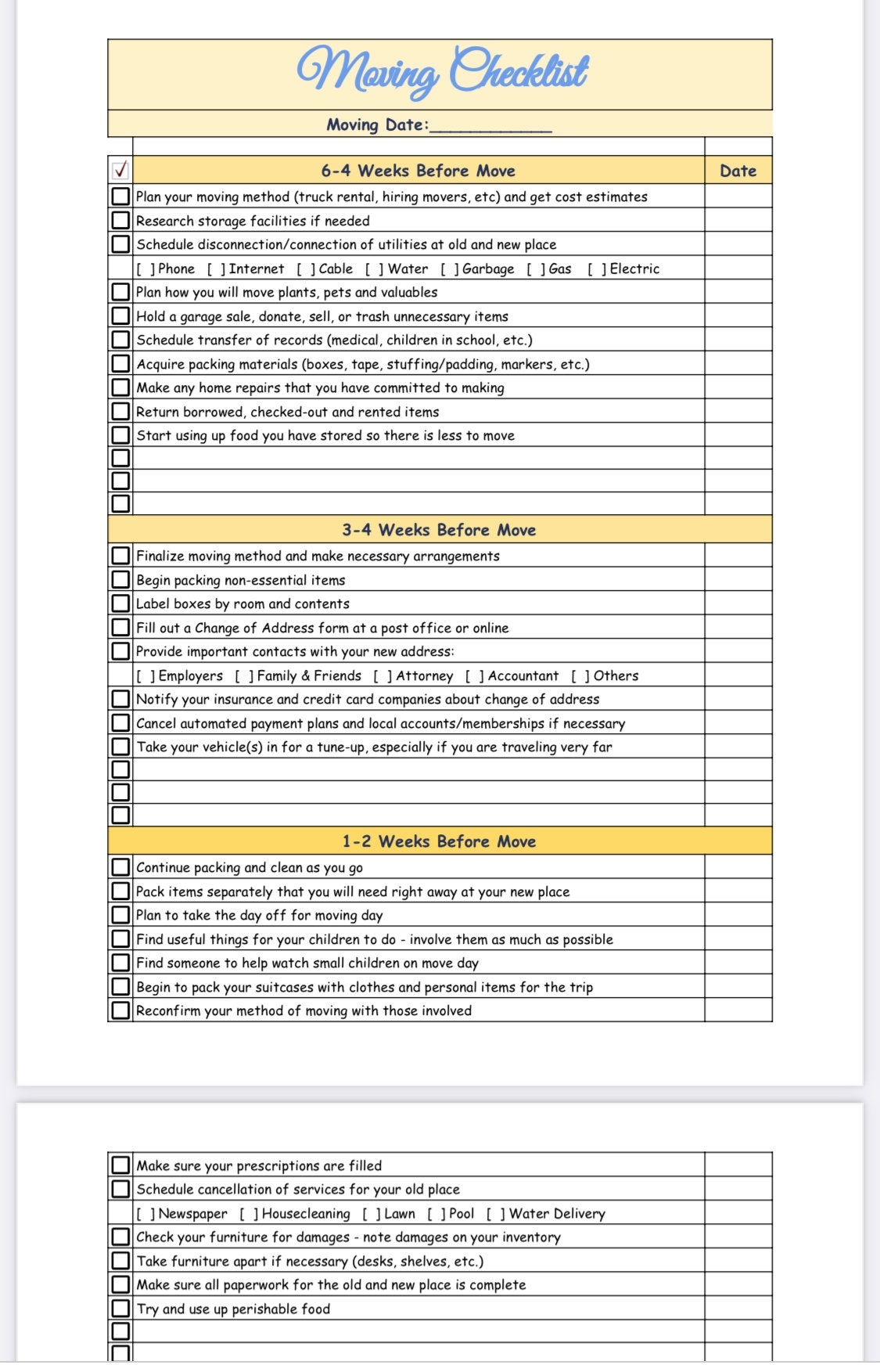 moving schedule template