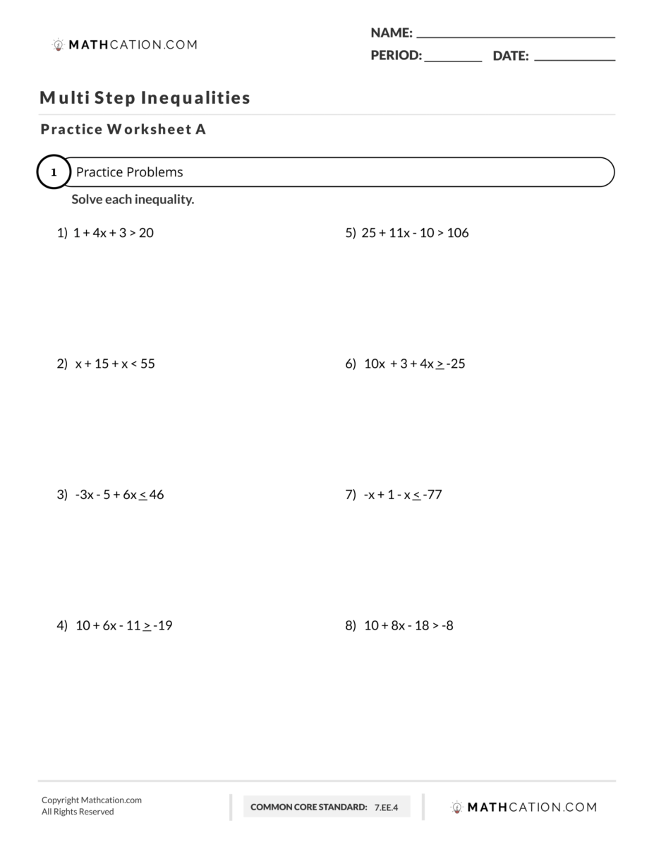 Multi Step Inequalities Worksheet Examples Practice Worksheets Library