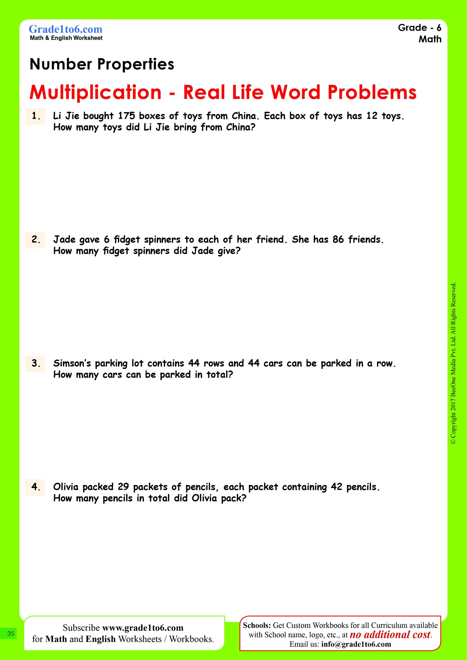 Multiplication Word Problems Worksheets Grade 6