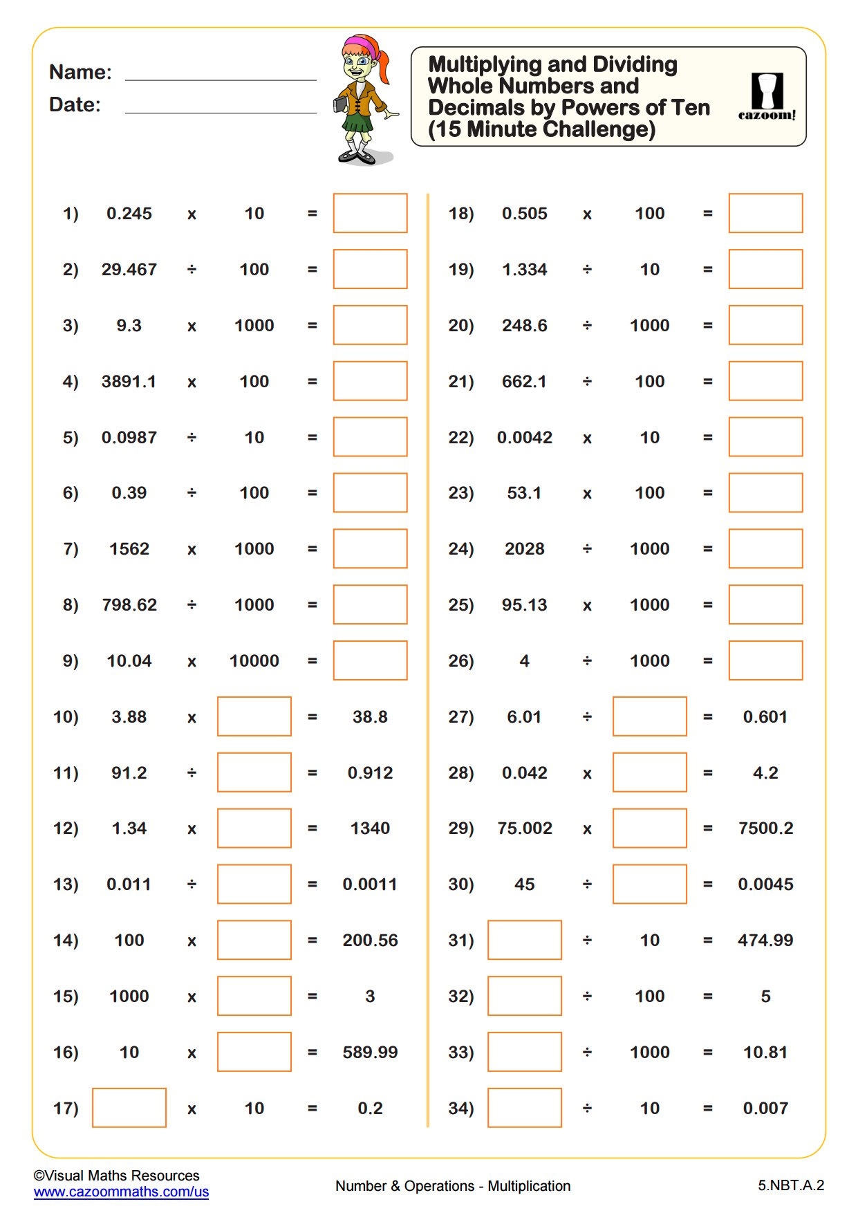 Multiplying And Dividing Whole Numbers And Decimals By Powers Of Ten 15 Minute Challenge Fun And Engaging 5th Grade PDF Worksheets