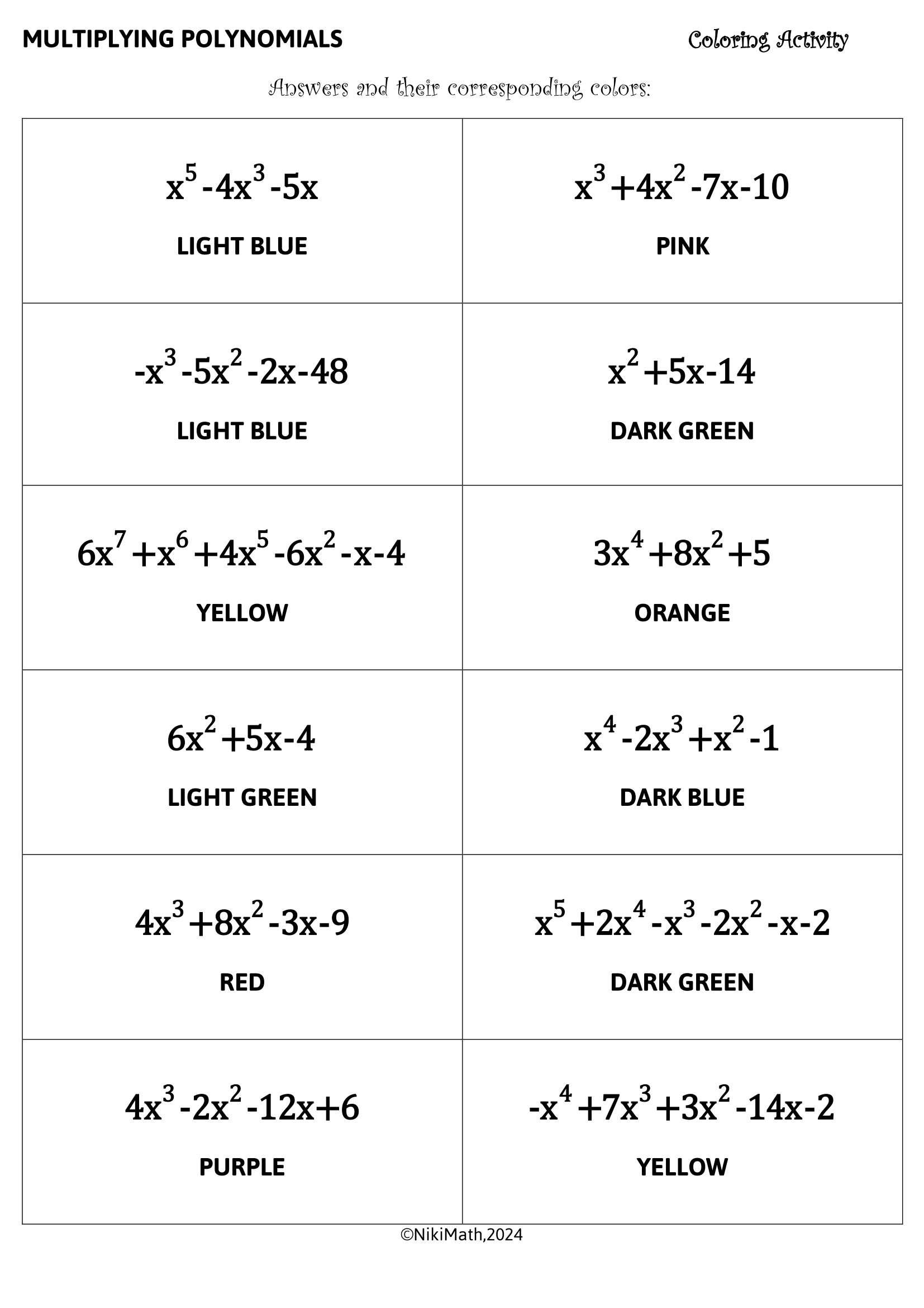 Multiplying Polynomials Color By Code Teacher Professional 