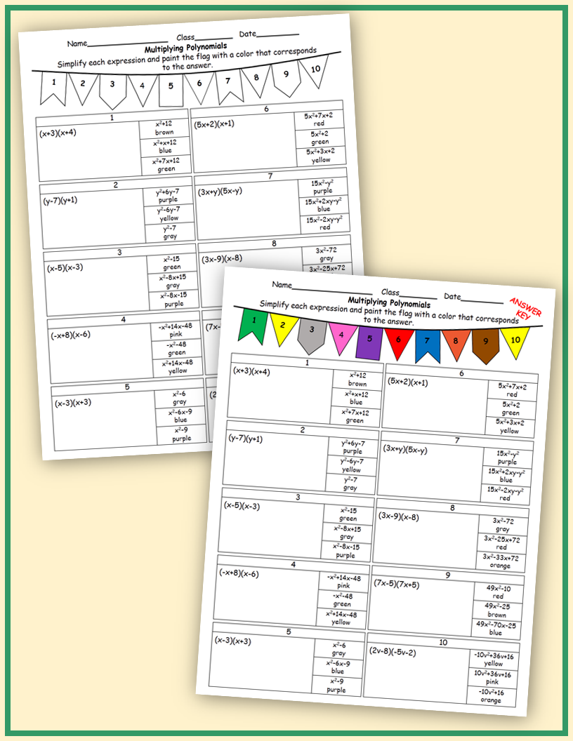 multiplying polynomials coloring worksheet with answers