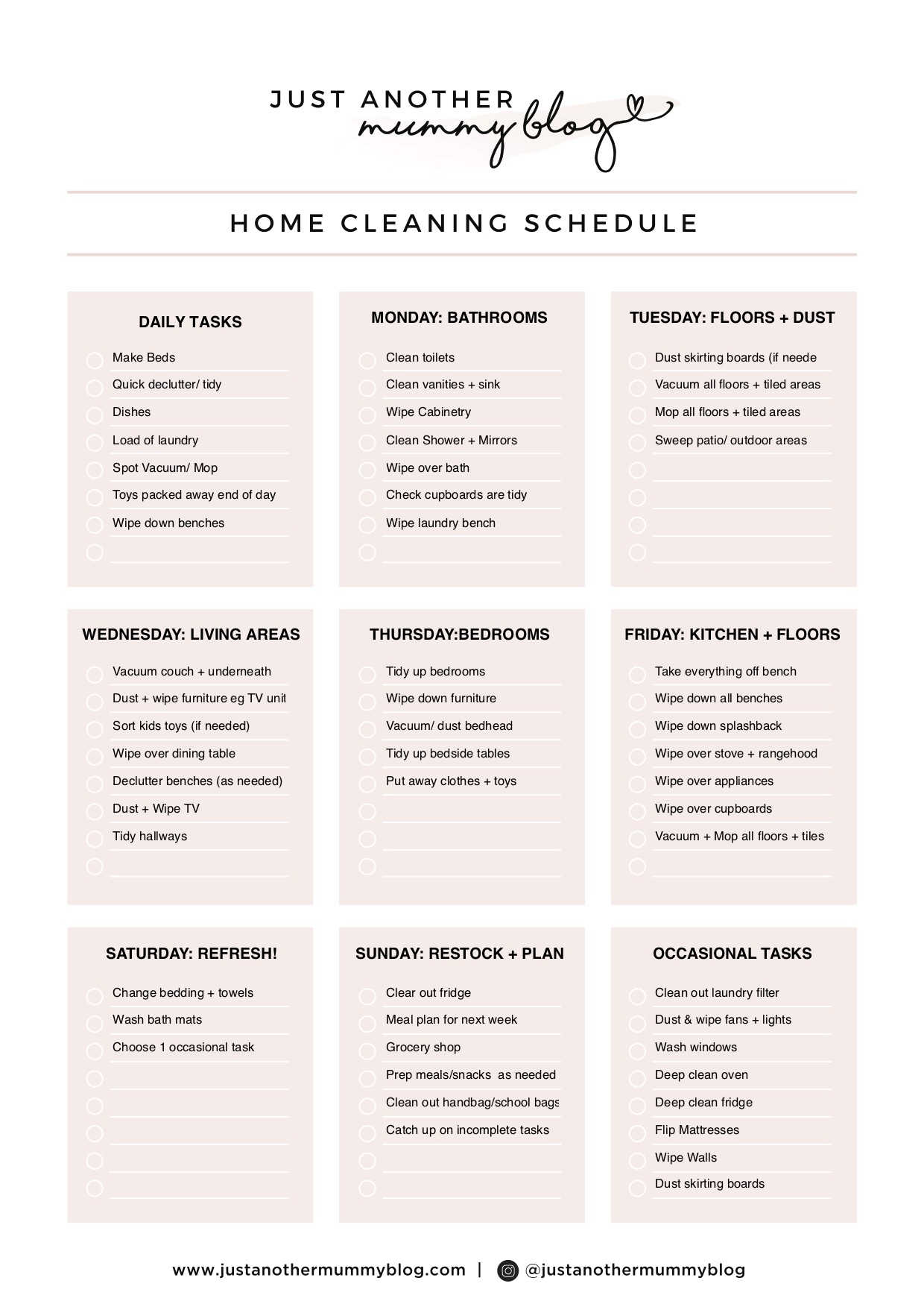 template weekly cleaning schedule
