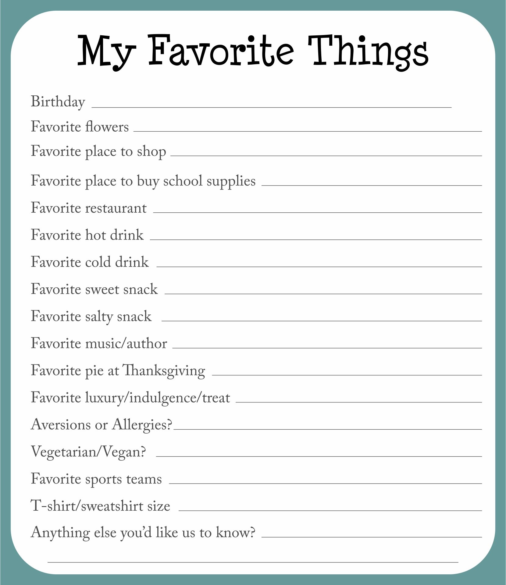 My Favorite Things Worksheets