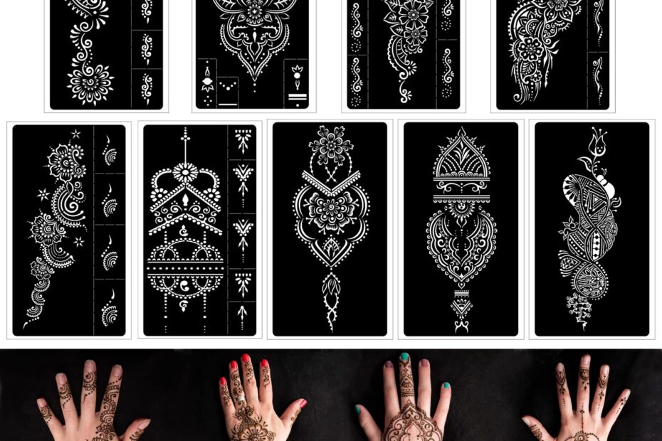 Mzstgh Henna Tattoo Stencils Kit Reusable Henna Stencils For Hand Forearm Glitter Airbrush DIY Tattooing Template Indian Temporary Tattoo Stickers