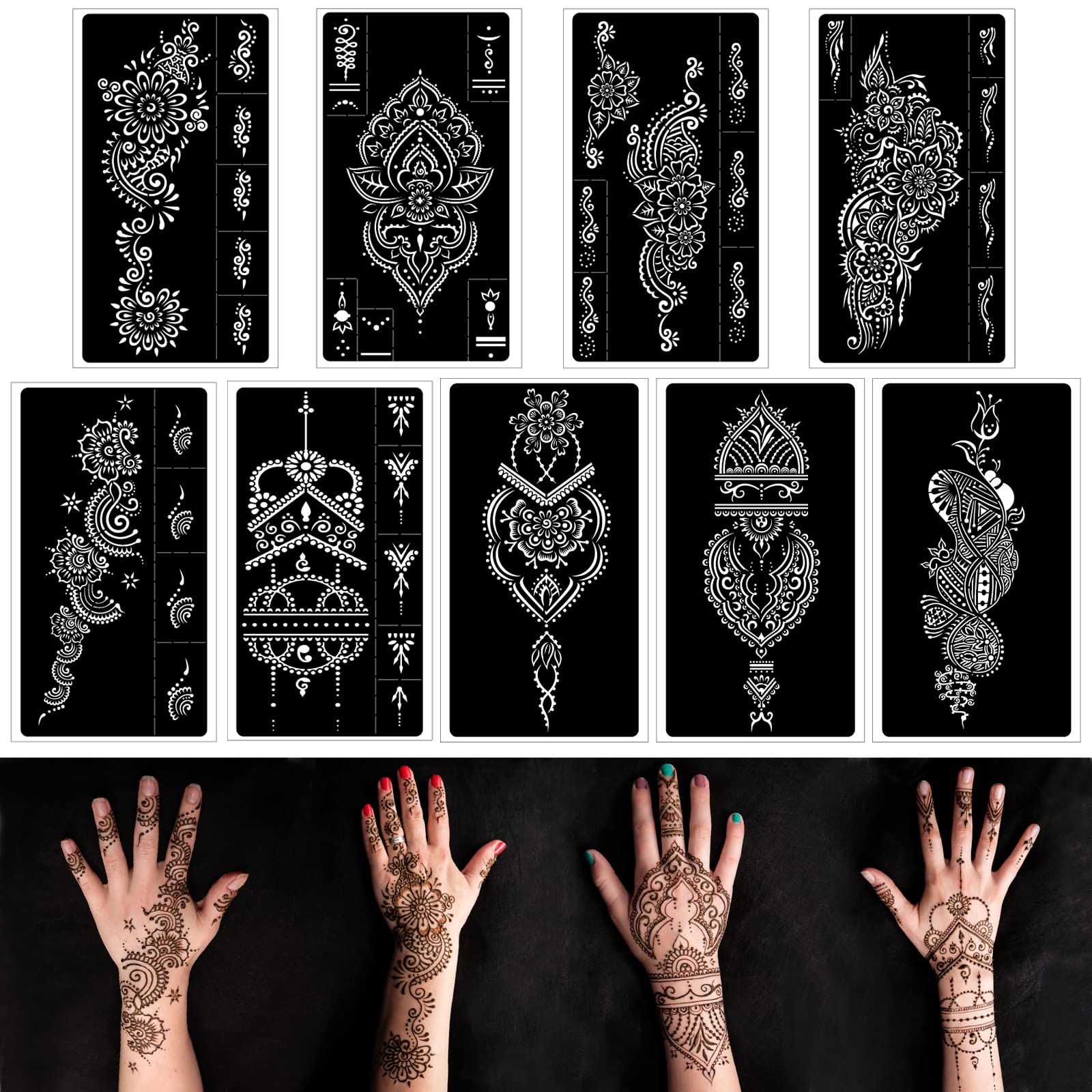 Mzstgh Henna Tattoo Stencils Kit Reusable Henna Stencils For Hand Forearm Glitter Airbrush DIY Tattooing Template Indian Temporary Tattoo Stickers
