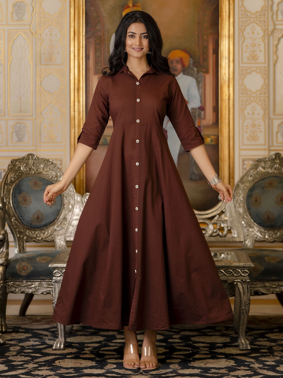 Nayo Coffee Brown Shirt Cotton Maxi Dress