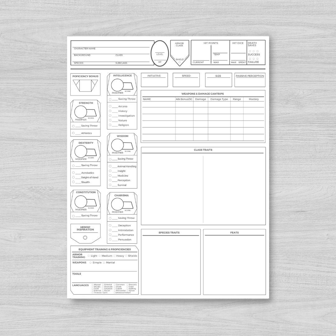 New DnD Character Sheet Revised Non Fillable Print Only 