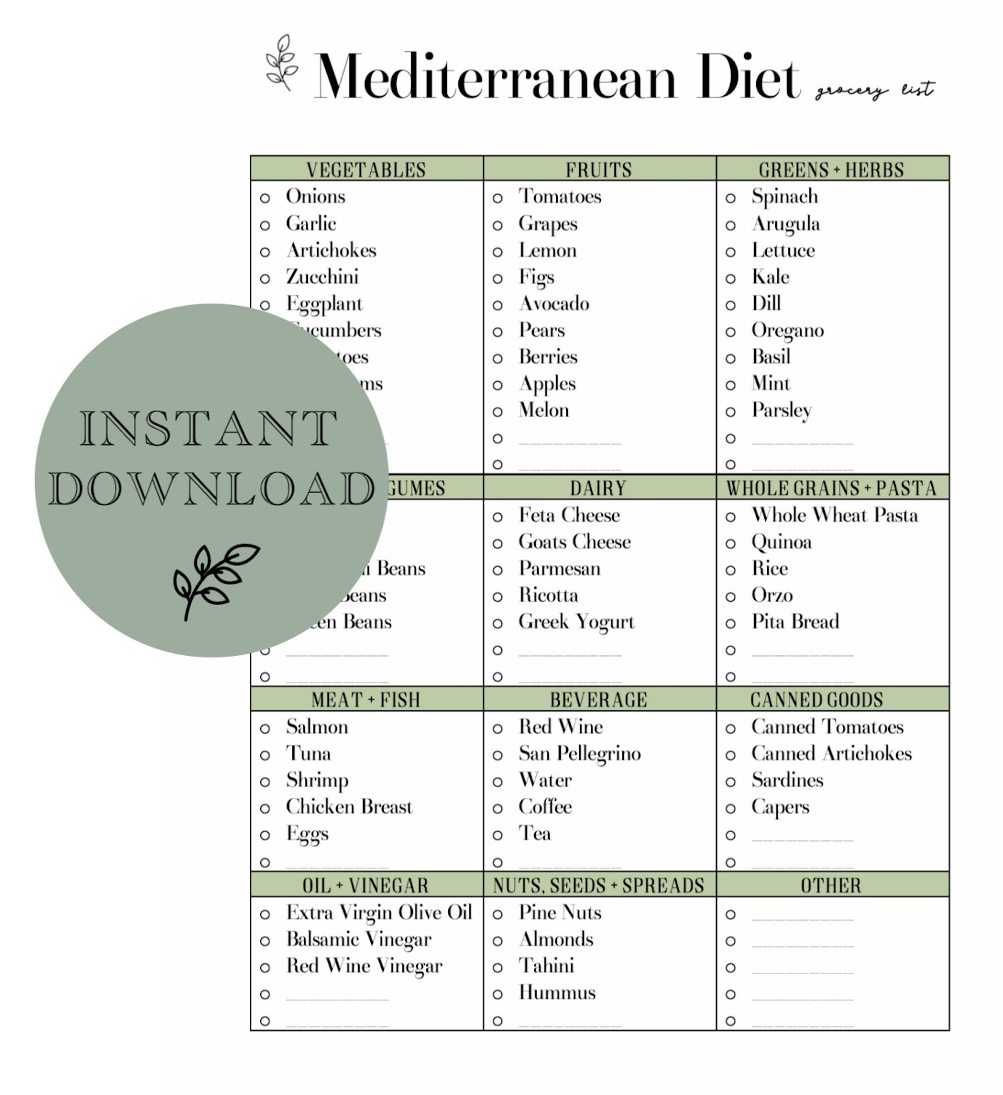 New Years Resolution Printable Mediterranean Diet Grocery List 