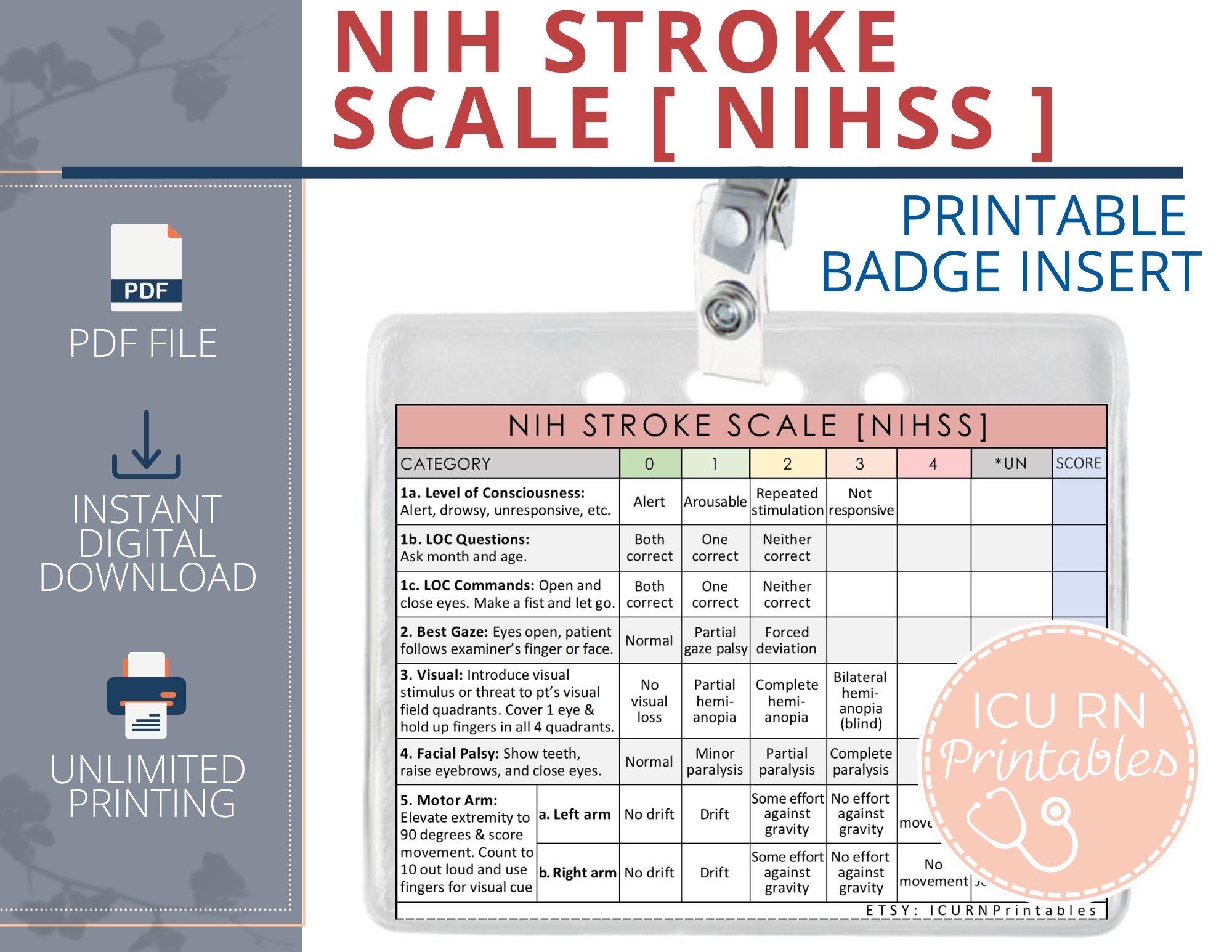 NIH Stroke Scale NIHSS Badge Insert Printable PDF Download Etsy UK
