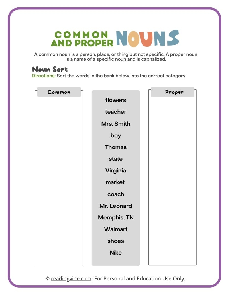 common nouns and proper nouns worksheet