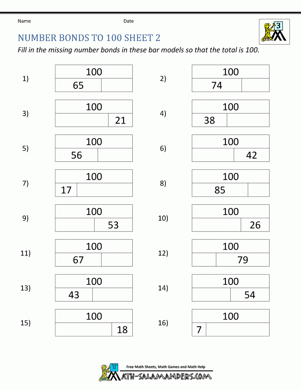number bond worksheets